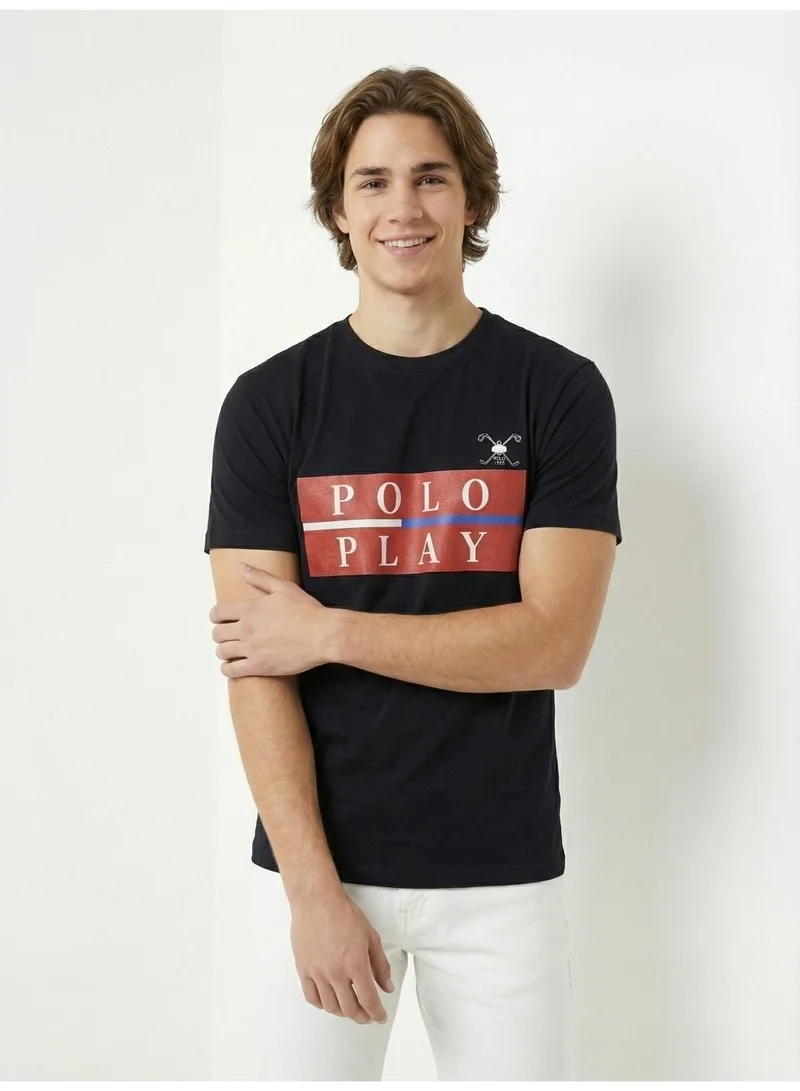 لعب البولو تيشيرت رجالي مطبوع أسود